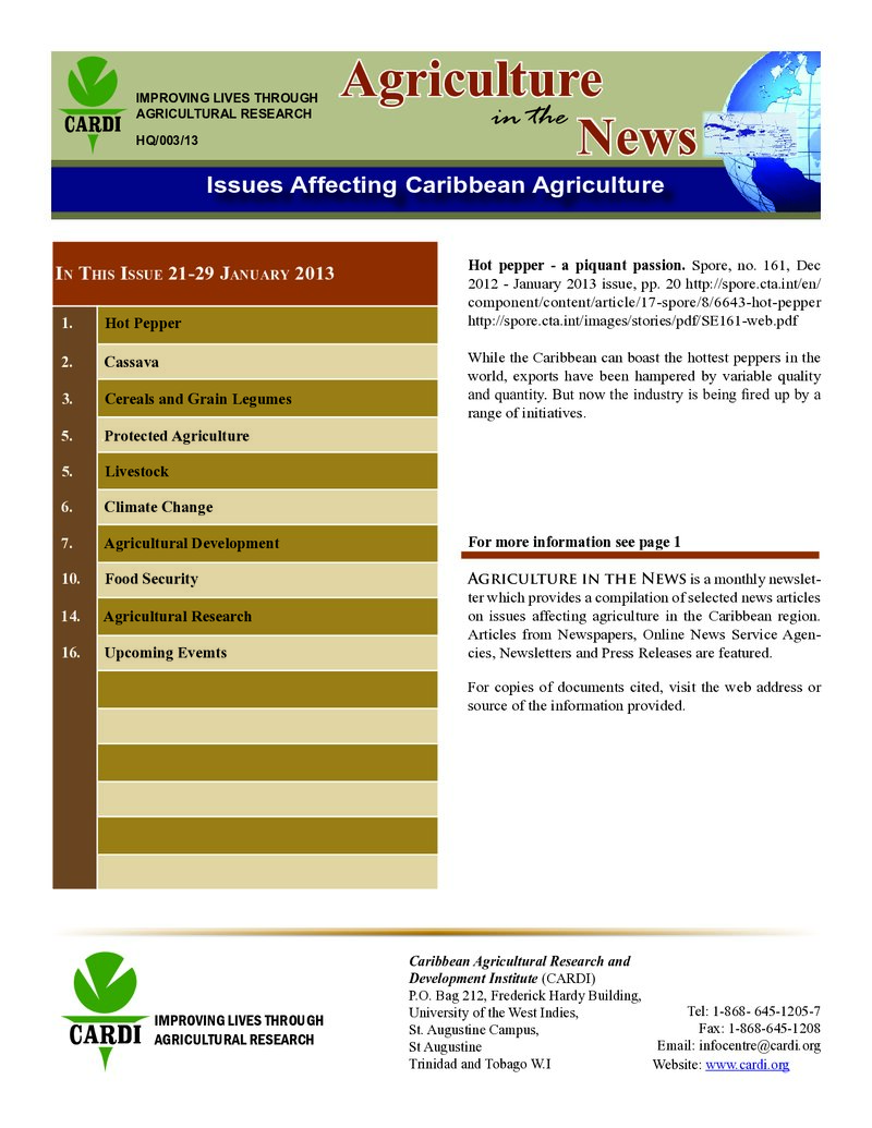 Agriculture in the News Issue 21 – 29 January 2013 — Cover