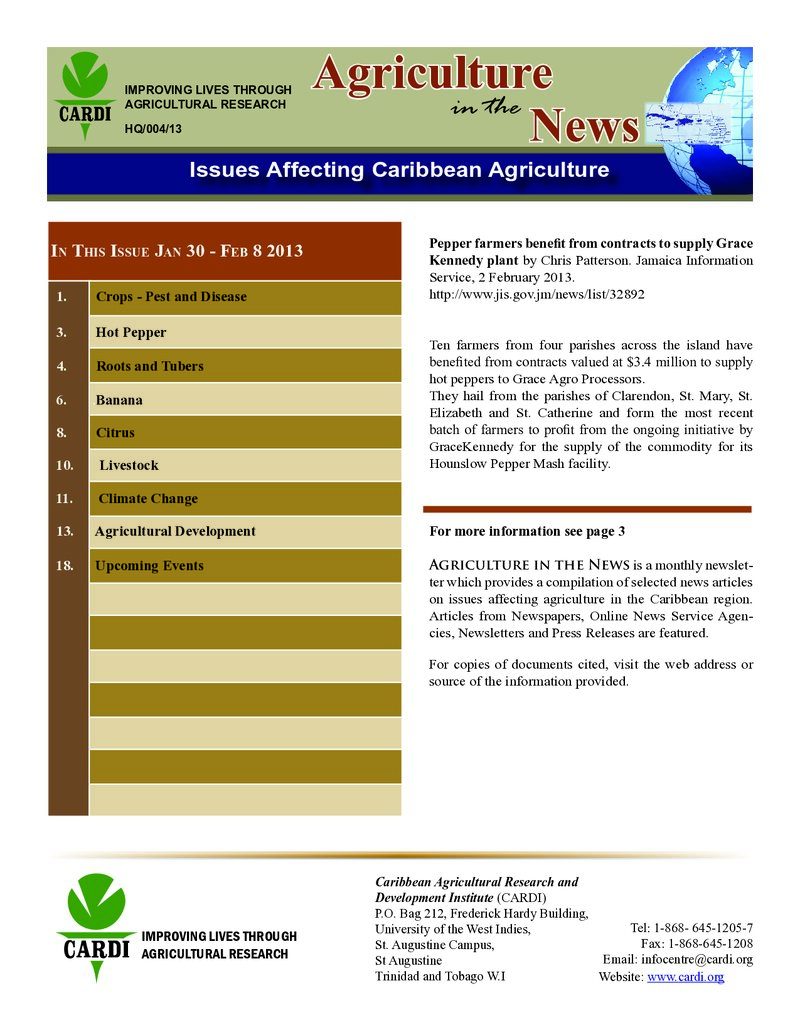 Agriculture in the News Issue January 30 – February 8, 2013 — Cover